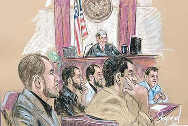 An artist’s sketch of U.S. District Judge Robert Kugler and defendants (from left) Shain Duka, Eljvir Duka, Dritan Duka, Serdar Tatar, and Mohamad Shnewer listening to witness Mahmoud Omar.