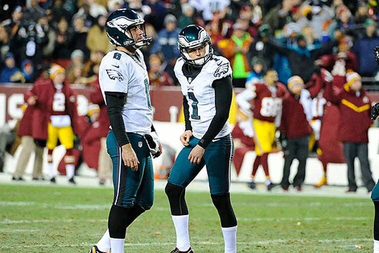 Cody Parkey (1) and holder Donnie Jones (8) react after missing a field goal against the Redskins. (Brad Mills/USA Today)