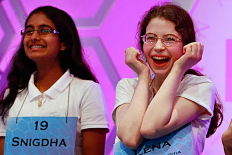 Among the finalists were (from left) eventual champ Snigdha Nandipati, 14, of San Diego, and Lena Greenberg, 14, of Chestnut Hill. Associated Press