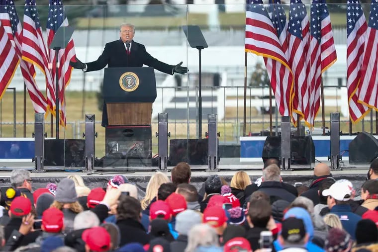 President Donald Trump speaking at the rally on Jan. 6 that preceded the insurrectionist riot at the U.S. Capitol.