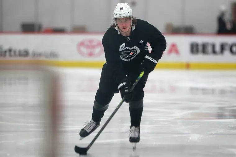 Nolan Patrick, shown warming up at camp Monday, was in a collision Wednesday with 6-foot-7, 230-pound Samuel Morin but was able to return for his next shift. He missed all of last season with a migraine disorder.