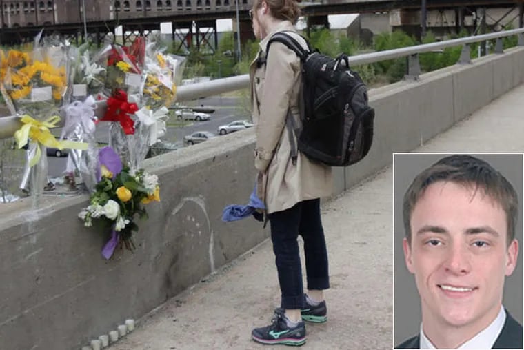 A memorial marks the spot yesterday where Zachary Woods, 27, (inset) was struck by a car on the Walnut Street Bridge, sending him over the guardrail and plummeting 38 feet to the pavement below. He succumbed to his injuries late Tuesday. (David Maialetti/Staff)