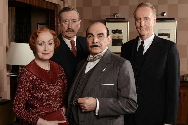 (From left) Pauline Moran as Miss Lemon, Philip Jackson as Inspector Japp, David Suchet as Poirot, and Hugh Fraser as Captain Hastings in &quot;The Big Four&quot; on &quot;Poirot,&quot; Sunday at 9 p.m. The episode plunges Poirot into global espionage with World War II looming. The public is in a panic after the shocking death of a Russian chess grandmaster; with his old friends, Poirot must investigate and identify the culprit.