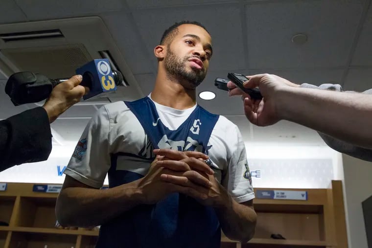 Phil Booth of Villanova is interviewed in their locker room.  They will play Purdue in the 2nd round NCAA Tournament game at the XL Center in Hartford, CT on March 23, 2019.