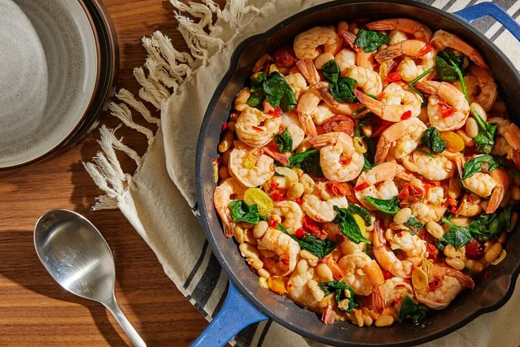 Shrimp With White Beans, Garlic and Calabrian Chile. MUST CREDIT: Tom McCorkle for The Washington Post