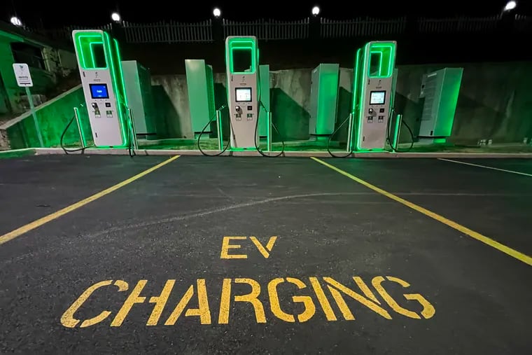 Electric vehicle charging stations at a Bedford, Pa., gas station.