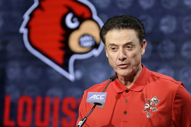 Rick Pitino answers a question during the Atlantic Coast Conference media day in 2016.