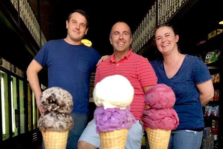 Chris Perotti (left), Ryan Pollock, and Kate Perotti of Harper's Ice Cream at Rybrew, 2816 W. Girard Ave.