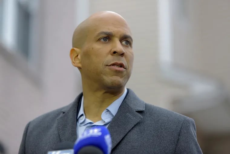 Cory Booker speaking outside his house in Newark, New Jersey on Friday, February 1, 2019.