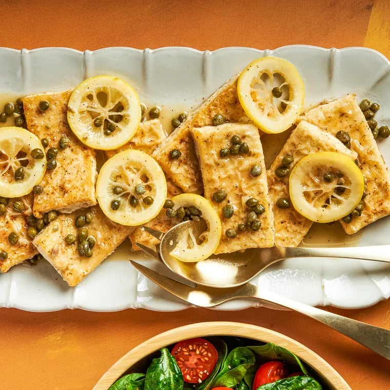 Tofu Piccata. MUST CREDIT: Rey Lopez for The Washington Post; food styling by Lisa Cherkasky for The Washington Post