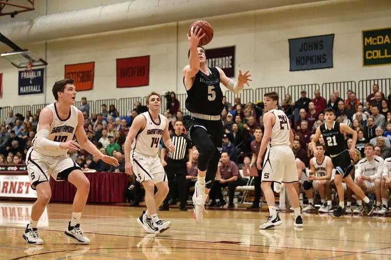 Episcopal Academy graduate Conner Delaney in action against Swarthmore College in the Centennial Conference championship game. Delaney scored 32 points and hit the game-winning shot.