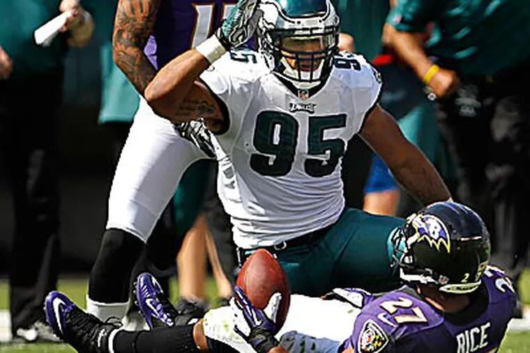 Eagles linebacker Mychal Kendricks reacts after tackling Ray Rice in Sunday's win. (Ron Cortes/Staff Photographer)
