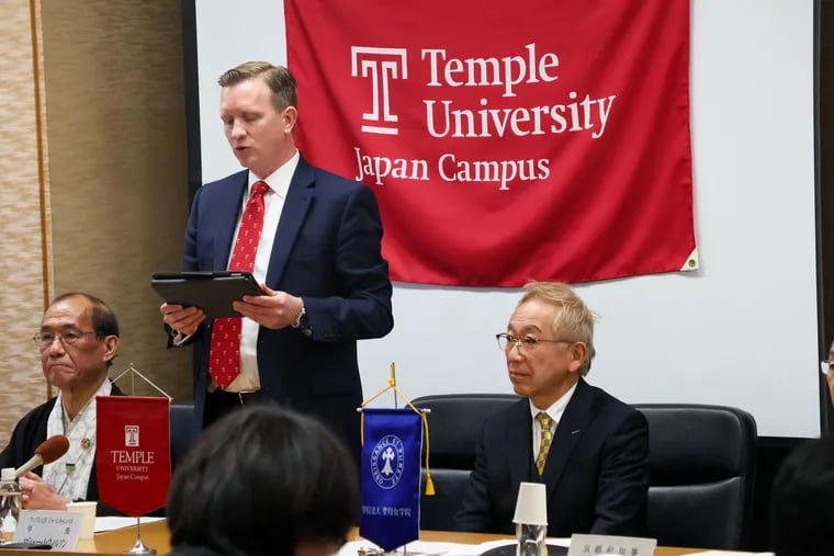 Matthew J. Wilson, dean of Temple University's Japan campus, announces the university's new site in Kyoto at a press conference in Kyoto on Friday.