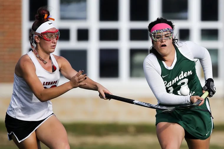 Camden Catholic's Julia Patrone (right) had a trick in Mondays 8-3 win against Cherokee.