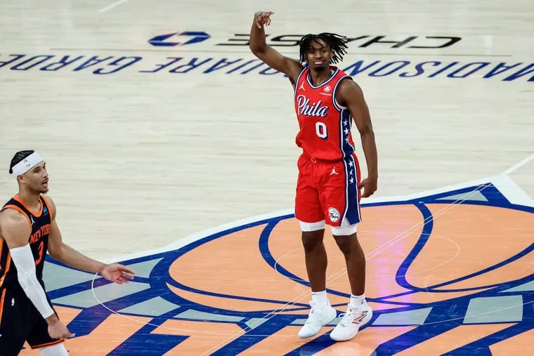 Sixers guard Tyrese Maxey appeared to be fouled as he tried to pull in an inbounds pass in the closing seconds of Game 2 against New York.