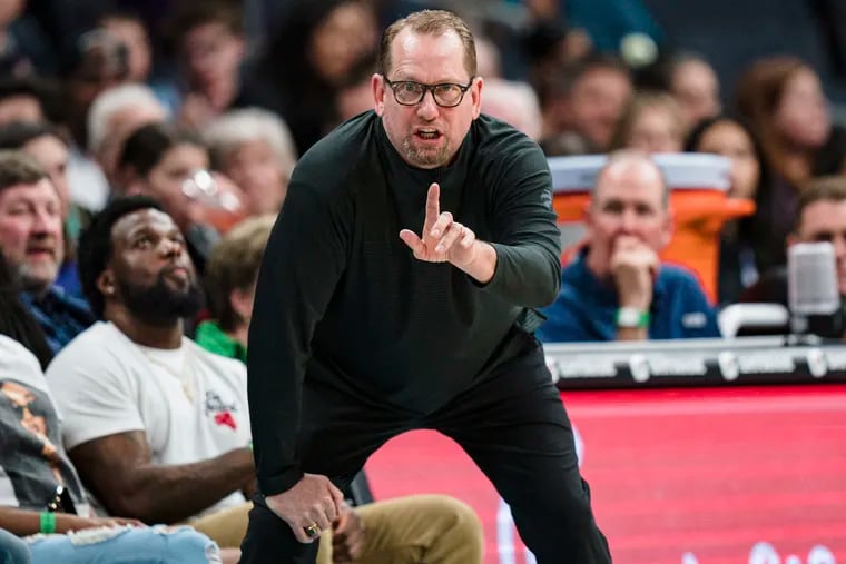 Toronto Raptors coach Nick Nurse gestures during the first half of the team's NBA basketball game against the Charlotte Hornets in Charlotte April 4.