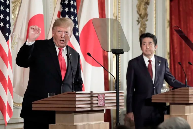 U.S. President Donald Trump, left, speaks as Shinzo Abe, Japan's prime minister, listens during a news conference at Akasaka Palace in Tokyo, Japan, on Monday, May 27, 2019.  Photographer: Kiyoshi Ota/Bloomberg /// Dear Colleagues,
Please find attached photo.
Thank you very much for your cooperation.
Best regards,.Kiyoshi Ota
--.Kiyoshi Ota
i.say.hi.to.ko@gmail.com.+81 (0)80-6615-6719.