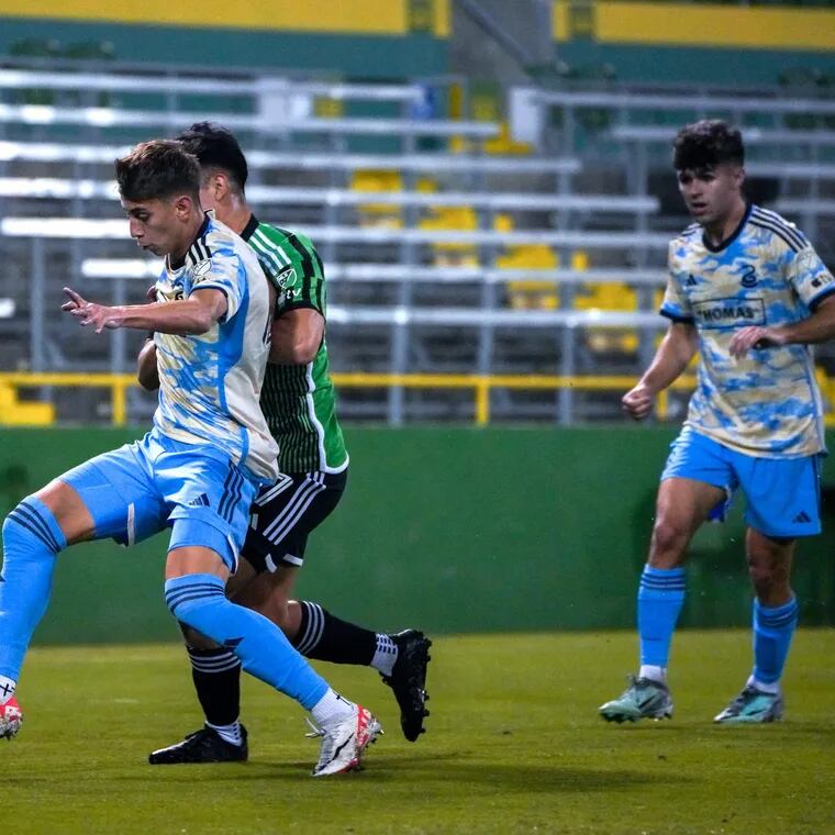 David Vazquez (left) playing for the Union in a preseason game vs. Austin FC in January.