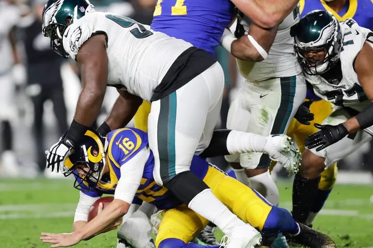 Eagles defensive tackle Fletcher Cox sacks Los Angeles Rams quarterback Jared Goff during the second-quarter on Sunday, December 16, 2018 in Los Angeles.