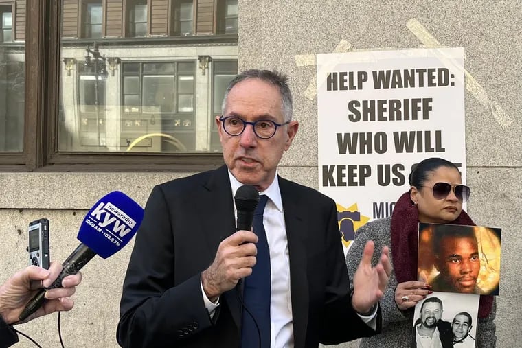 Michael Untermeyer, a Democrat running for sheriff in Philadelphia, launches his campaign on South Broad Street on Tuesday.