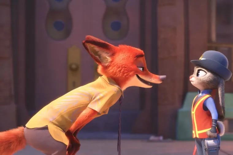 In 'Zootopia' eager-bunny rookie cop Judy Hopps (voiced by Ginnifer Goodwin) seeks help from a scam-artist fox (Jason Bateman).