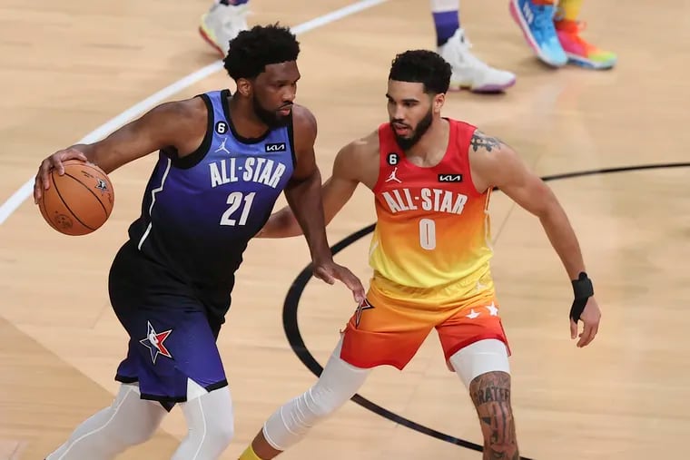 Team LeBron center Joel Embiid drives by Team Giannis forward Jayson Tatum during the second half of the NBA All-Star Game. Embiid scored 32 points in the game but Tatum scored a record 55 points and was named the game's MVP.