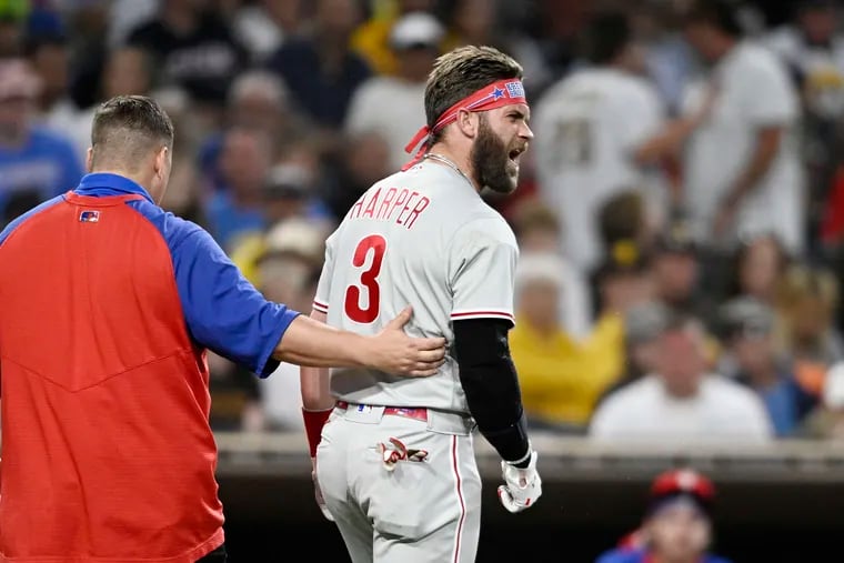 Bryce Harper (3) of the Philadelphia Phillies yelled after breaking his thumb, but his return could come Monday in Arizona — part of a lot of good news for the Phillies.