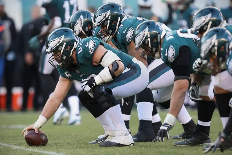 Eagles center Jason Kelce (62) prepares to snap the ball during a game against the Houston Texans at Lincoln Financial Field in South Philadelphia on Sunday, Dec. 23, 2018. The Eagles won 32-30. TIM TAI / Staff Photographer
