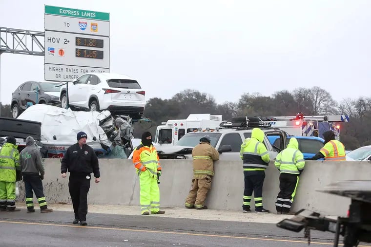 First responders work the scene of a fatal crash on I-35 near downtown Fort Worth, Texas.