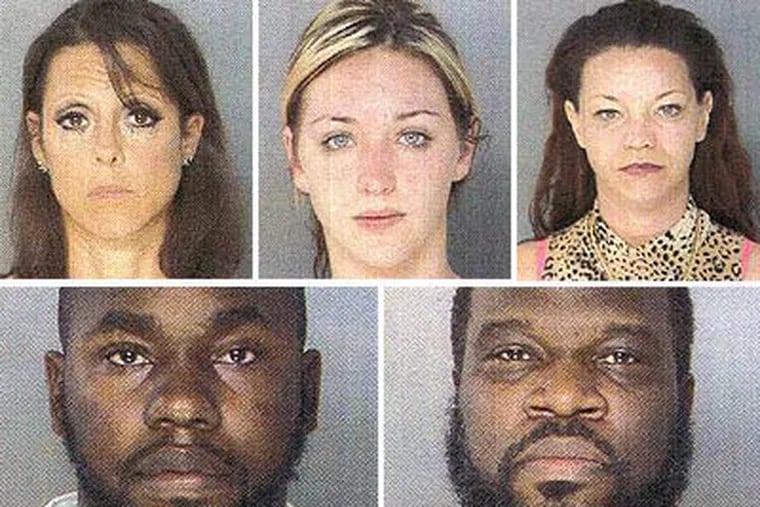 On top, Laura Holland (left), Christine Hunter (middle) and Edith Massie (right),  Christopher Powell (bottom left) and Clarence Norris (bottom right) were all arrested as part of a crackdown on airport prostitution rings. (Handout photos from Philadelphia Police)