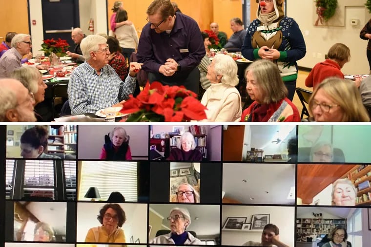 At top, the Princeton Senior Resource Center enjoys a holiday party in December 2019; below, seniors gather for a Zoom class with the Center, which has shifted all its programming online due to the coronavirus.