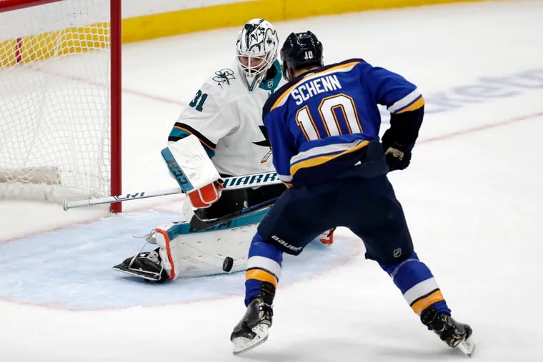 Blues center Brayden Schenn scores against San Jose during the second period of Tuesday's Western Conference Finals Game 6. Schenn spent six seasons with the Flyers (2011-17).