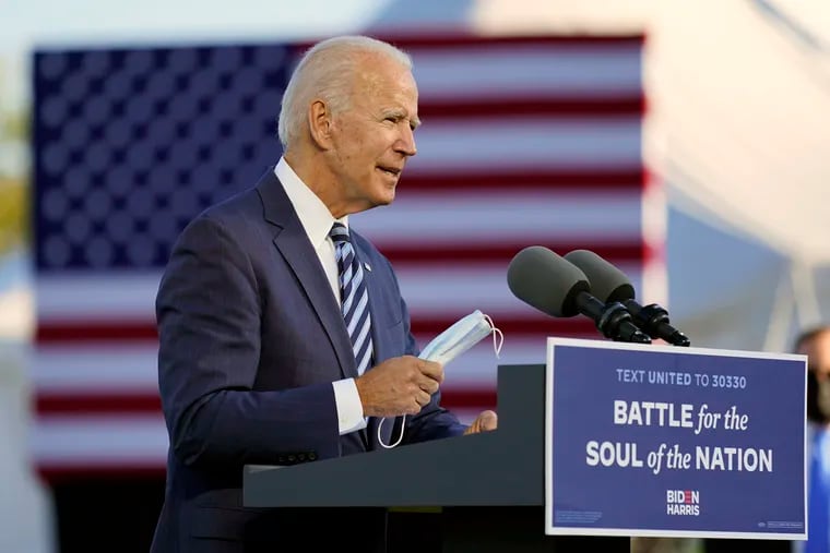 Democratic presidential nominee Joe Biden speaks Tuesday at Gettysburg National Military Park in Gettysburg, Pa.