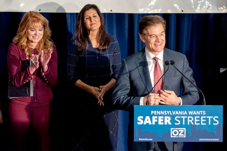 Republican U.S. Senate candidate Mehmet Oz appears at a law enforcement endorsement event at the Pennsylvania State Troopers Assoc. headquarters in Harrisburg Wednesday, Oct. 26, 2022. Oz made Philadelphia District Attorney Larry Krasner a central part of his remarks.
