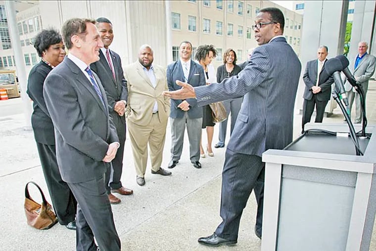 Council President Darrell Clarke gestures in May at a news conference on North Broad Street development. (Alejandro A. Alvarez/Staff/May 2014)