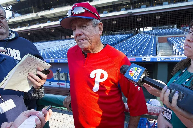 Phillies coach Larry Bowa talks to the media.