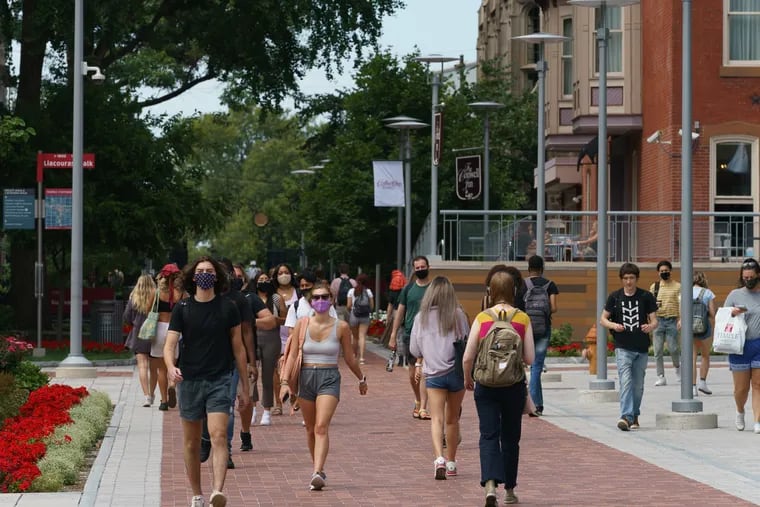 People on campus at Temple University, where classes started today, Monday, August 24, 2020.