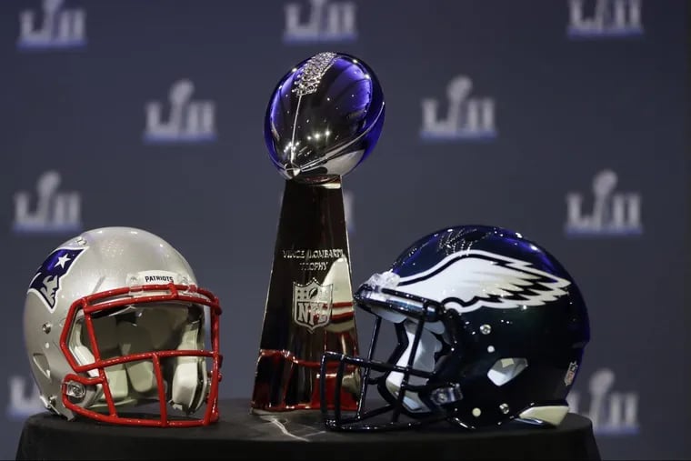 The Vince Lombardi Trophy is seen before a news conference by Commissioner Roger Goodell in advance of the Super Bowl 52 football game, Wednesday, Jan. 31, 2018, in Minneapolis. The Philadelphia Eagles play the New England Patriots on Sunday, Feb. 4, 2018. (AP Photo/Matt Slocum)