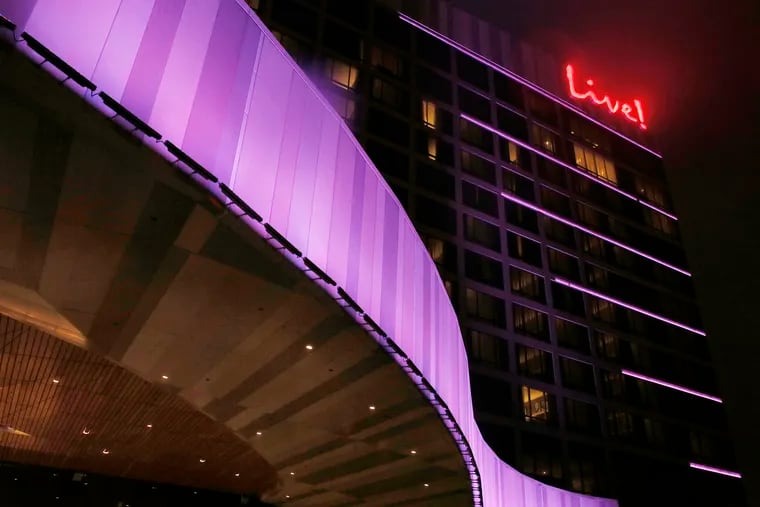 Looking up towards the hotel tower from the main entrance to the Live! Casino Hotel Philadelphia on Feb. 28, 2021.