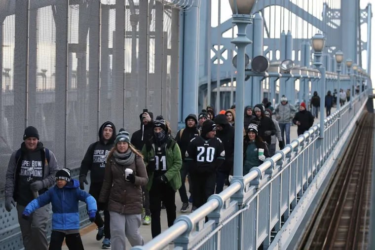 Fans cross the Ben Franklin Bridge into Philadelphia on Thursday morning before the Eagles’ Super Bowl parade.