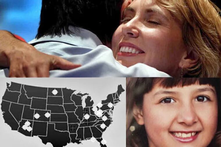 U.S. Rep. Gabrielle Giffords, seen above hugging a supporter at her election party on Nov. 2, was the target of an apparent assassination attempt, which took the life of nine-year-old Christina Taylor Green, right. At left, a map from Sarah Palin's PAC, with gunsight marks. (Giffords photo: AP)