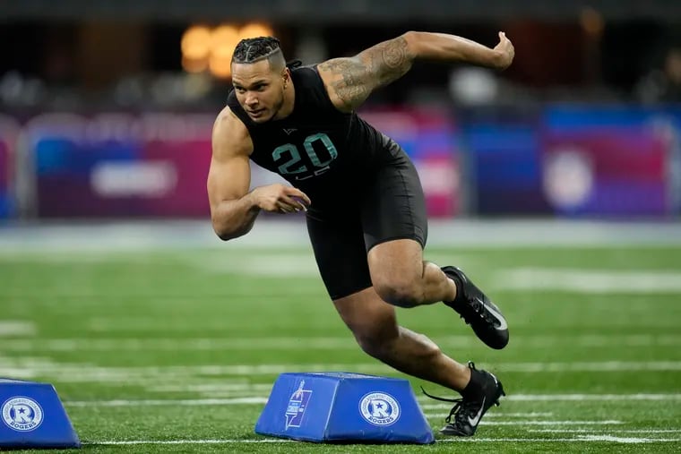 Florida State linebacker Jermaine Johnson II runs a drill at the NFL football scouting combine.