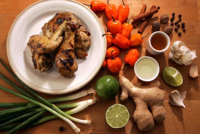 A classic Caribbean jerk marinade is made from a base of lime juice and zest, white vinegar, and a neutral oil. Garlic, ginger, scallions, sugar, and Caribbean seasonings are added. Finally, peppers provide the heat.