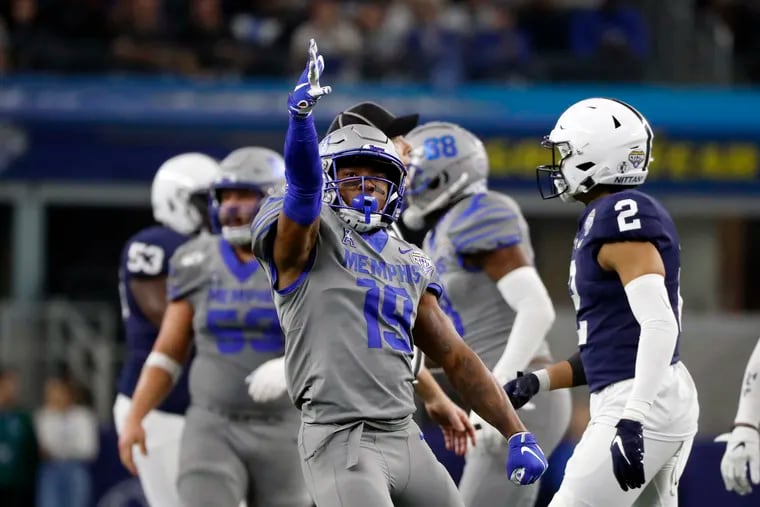 Memphis running back Kenny Gainwell celebrating a first-down run against Penn State in 2019.