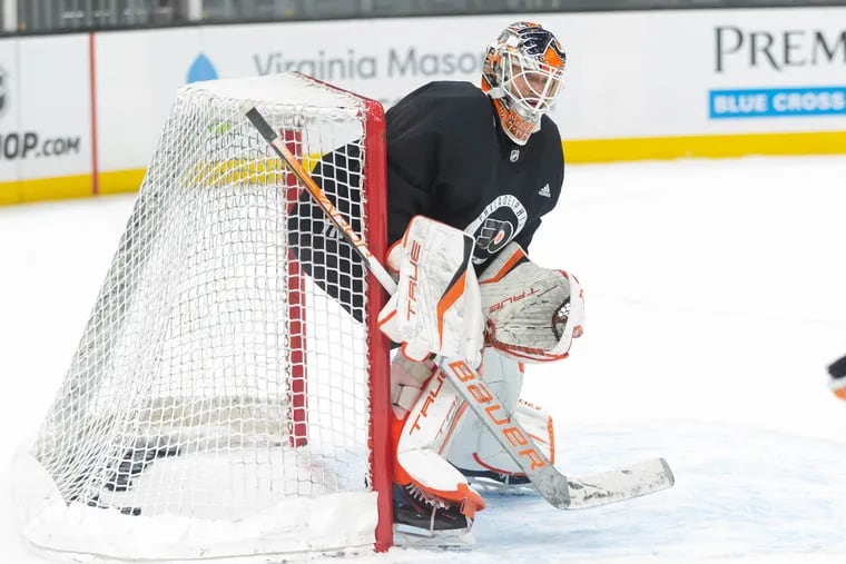 Rookie goalie Samuel Ersson practicing with the Flyers on Wednesday. He was recalled from the Lehigh Valley Phantoms on Feb. 13.