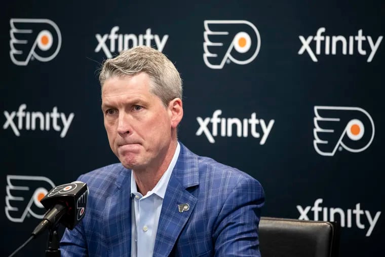 Flyers general manager Chuck Fletcher speaks during a press conference Tuesday at the Flyers Training Center in Voorhees, N.J.
