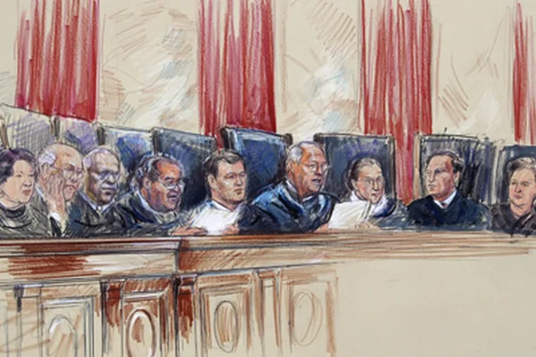 This artist rendering shows Supreme Court Justices from left, Sonia Sotomayor, Stephen Breyer, Clarence Thomas, Antonin Scalia, Chief Justice John Roberts, Anthony Kennedy, Ruth Bader Ginsburg, Samuel A. Alito, and Elena Kagan  inside Supreme Court in Washington, Monday, June 25, 2012. (AP Photo/Dana Verkouteren)