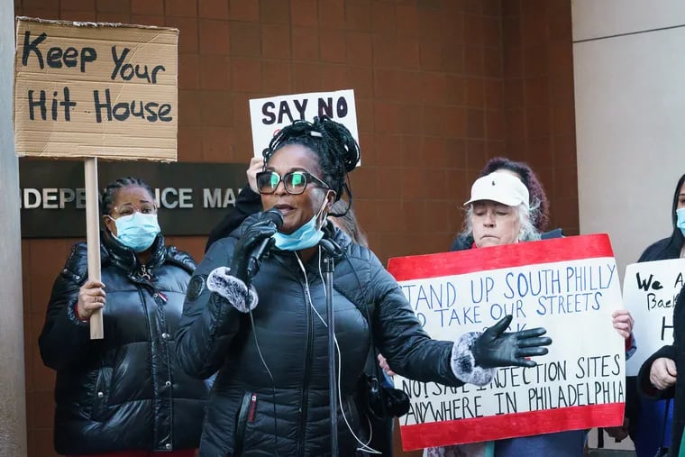 Sonja Bingham, president of the Friends of Harrowgate Park, speaks last year at a protest where community members protested the opening of a supervised injection site. Bingham visited the Department of Justice this week with other community members to discuss their concerns about a site.