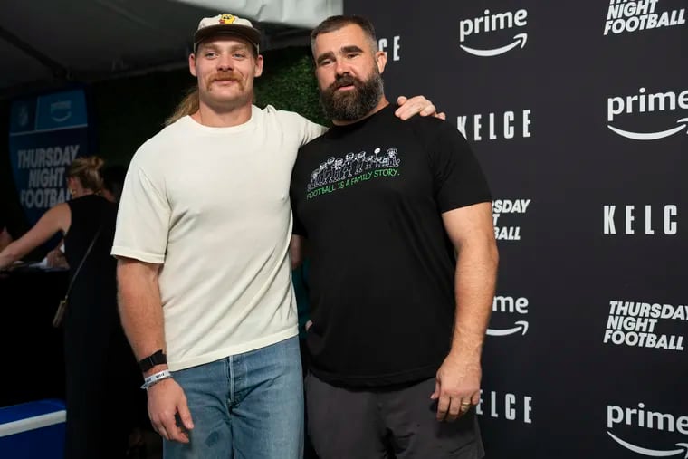 Beau Allen (left), former Eagles player, and Jason Kelce (right) pose for a photo together at the premier of Kelce’s documentary at Suzanne Roberts Theater in Philadelphia on Friday, Sept. 9, 2023. The film, Kelce, is a feature-length documentary featuring Jason Kelce and the Eagles’ 2022-2023 season.