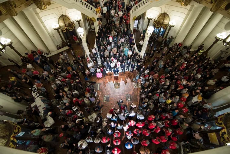 Gun rights advocates gather for an annual rally at the state Capitol in Harrisburg, Pa., Monday, May 6, 2019. To fight its unique gun violence crisis, writes Thomas Koenig, Philadelphia needs the authority to sense its own gun laws independent of Harrisburg.